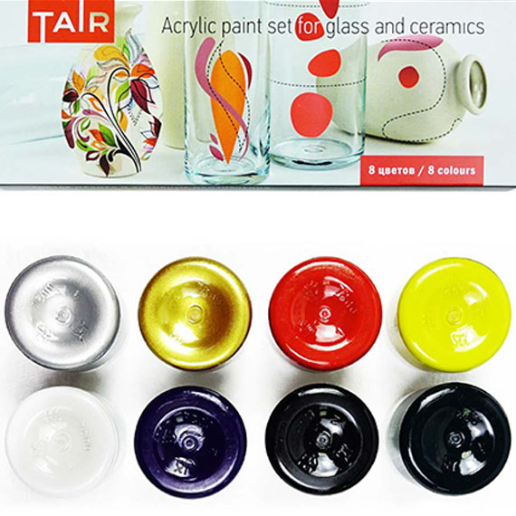 Набор акриловых красок по стеклу и керамике, "TAIR", 20 мл, 8 цветов - «Таир»
